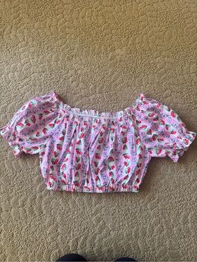 Tatyana Retro Cherry Crop Peasant Top Shirt Size XS